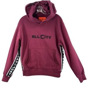 All City Hoodie Mens Small Burgundy Embroidered Logo Taped Sleeves Streetwear